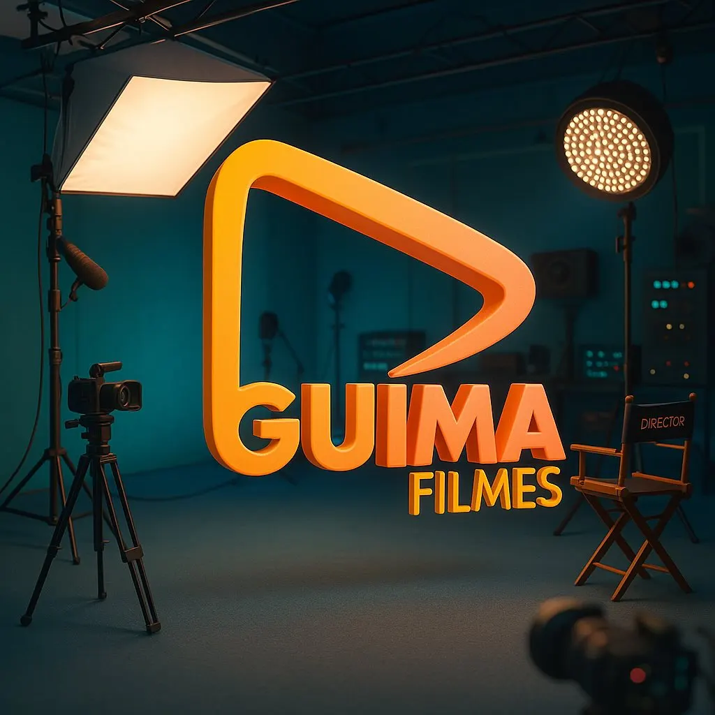 Logo da Guima Filmes em 3D no meio de um estúdio, entre refletor, câmera no tripé e cadeira de diretor