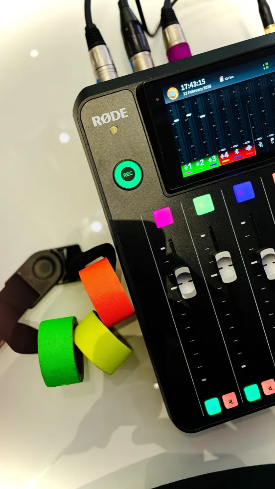Mesa de áudio RØDECaster gravando quatro canais de microfone, com fitas de marcação coloridas ao lado